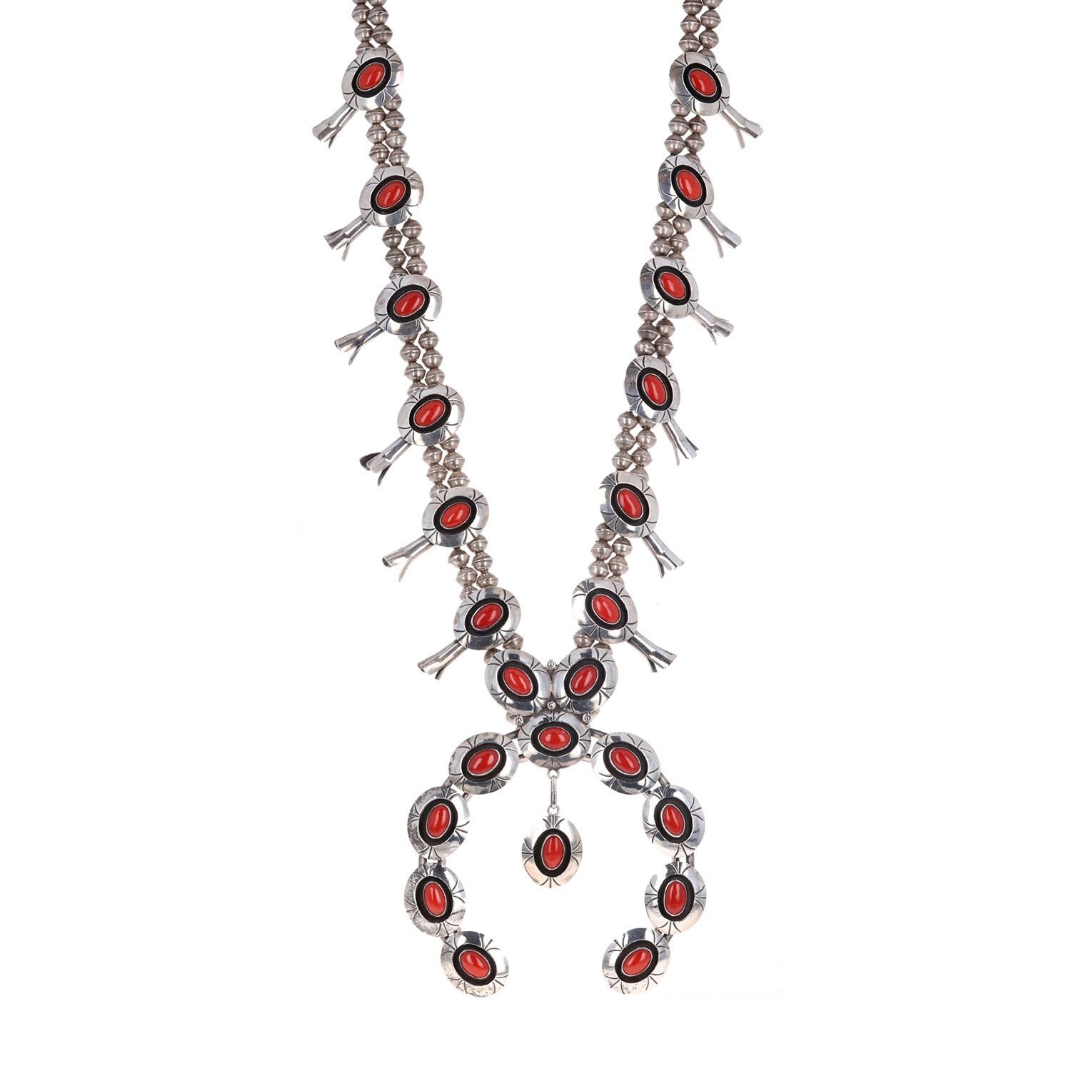 Turquoise Silver & Coral Squash Blossom Necklace — Art Blackburn
